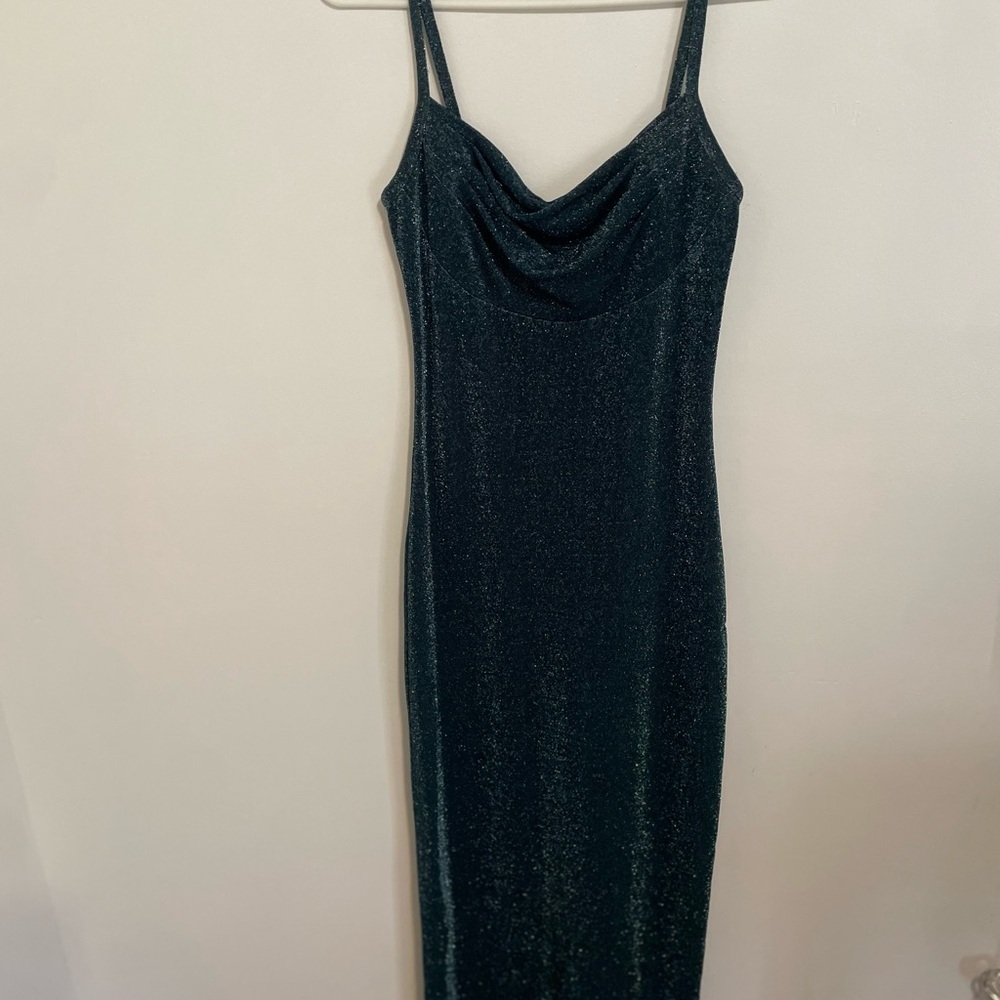 Teal glitter Slip Dress with Cowl Neck and Spaghetti Straps for Cocktail